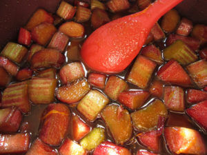 Rhubarb chunks in a sugary syrup.