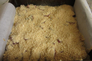 Rhubarb crumble cake before going into the oven.