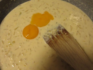 Egg yolks added to the mixture.